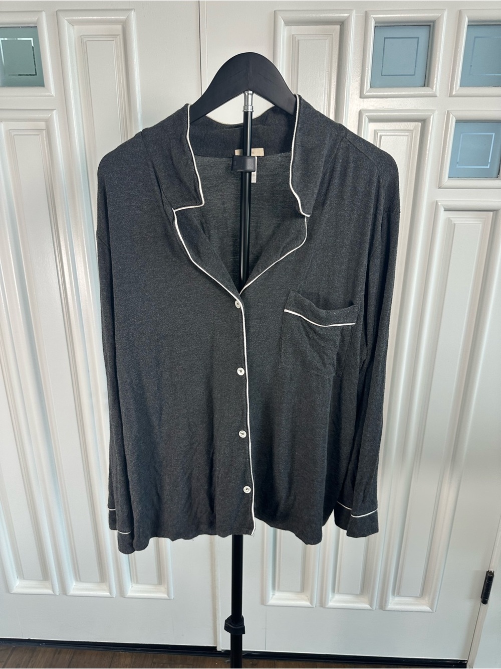 Eberjey Black Long-Sleeve Pajama Top with White Piping